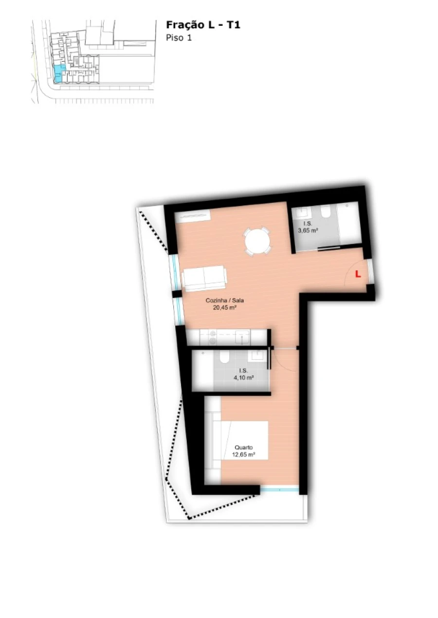 Apartamento T1 para Venda em Glória e Vera Cruz Planta 1