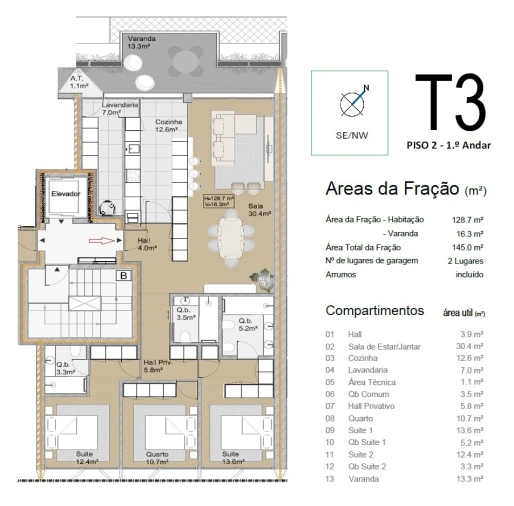 Apartamento T3 para Venda em Canidelo Planta 1