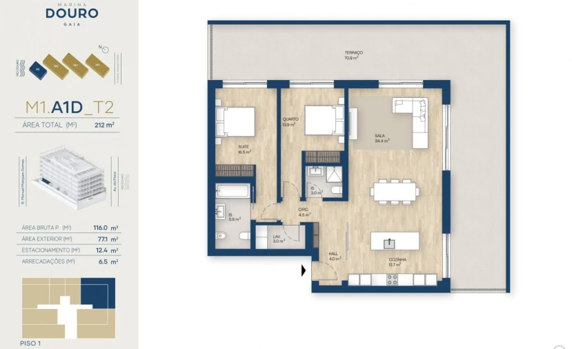 Apartamento T2 para Venda em Canidelo Planta 1