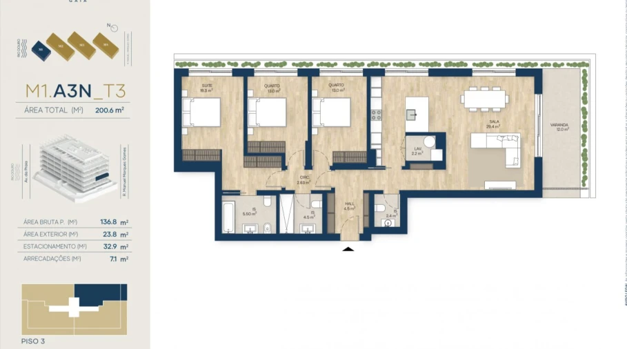 Apartamento T3 para Venda em Canidelo Planta 1