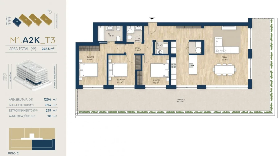 Apartamento T3 para Venda em Canidelo Planta 1