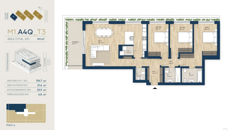 Apartamento T3 para Venda em Canidelo Planta 1
