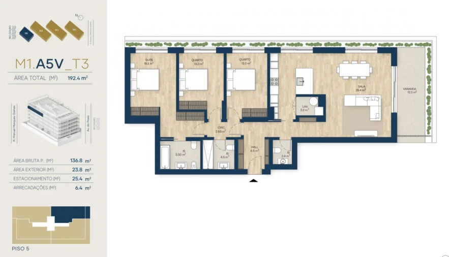 Apartamento T3 para Venda em Canidelo Planta 1
