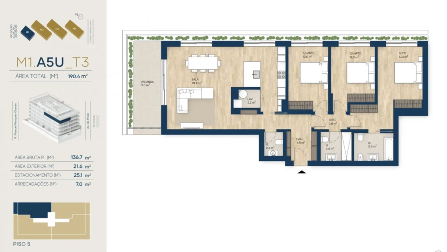 Apartamento T3 para Venda em Canidelo Planta 1