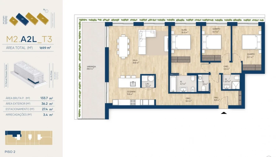 Apartamento T3 para Venda em Canidelo Planta 1