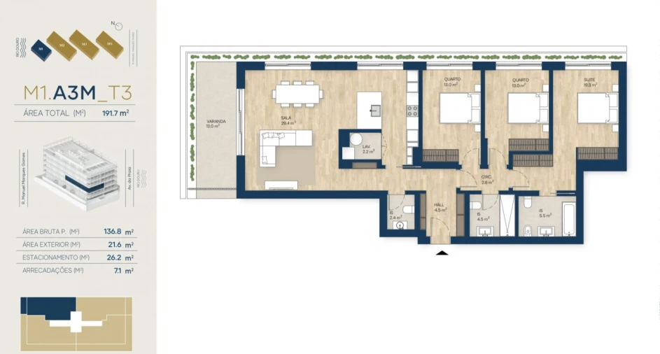 Apartamento T3 para Venda em Canidelo Planta 1