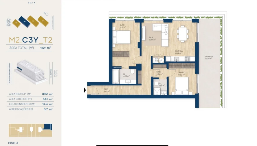 Apartamento T2 para Venda em Canidelo Planta 1