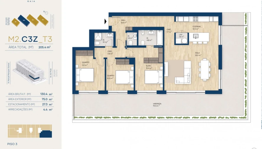 Apartamento T3 para Venda em Canidelo Planta 1