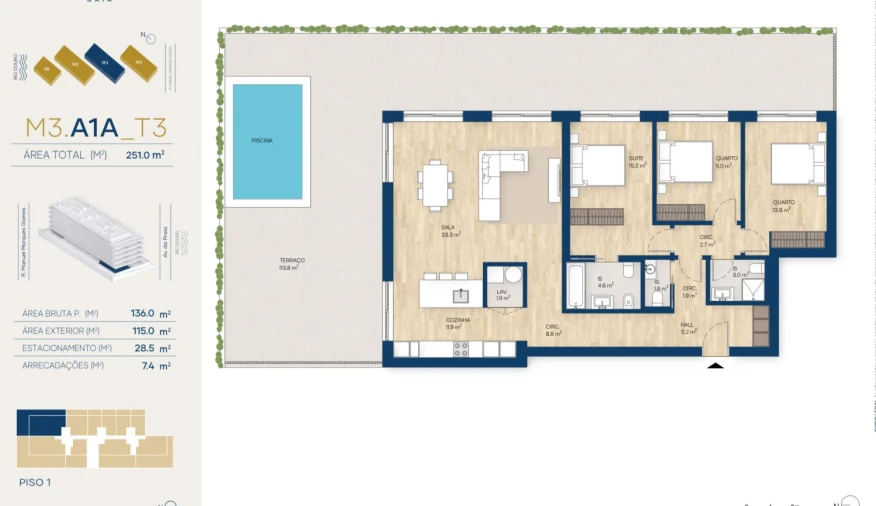 Apartamento T3 para Venda em Canidelo Planta 1