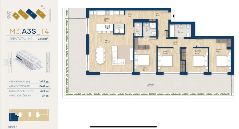 Apartamento T4 para Venda em Canidelo Planta 1