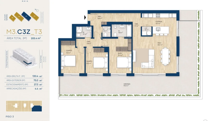 Apartamento T3 para Venda em Canidelo Planta 1