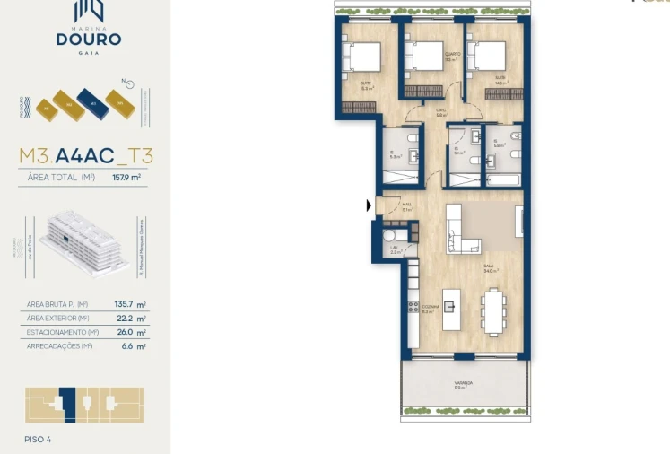 Apartamento T3 para Venda em Canidelo Planta 1