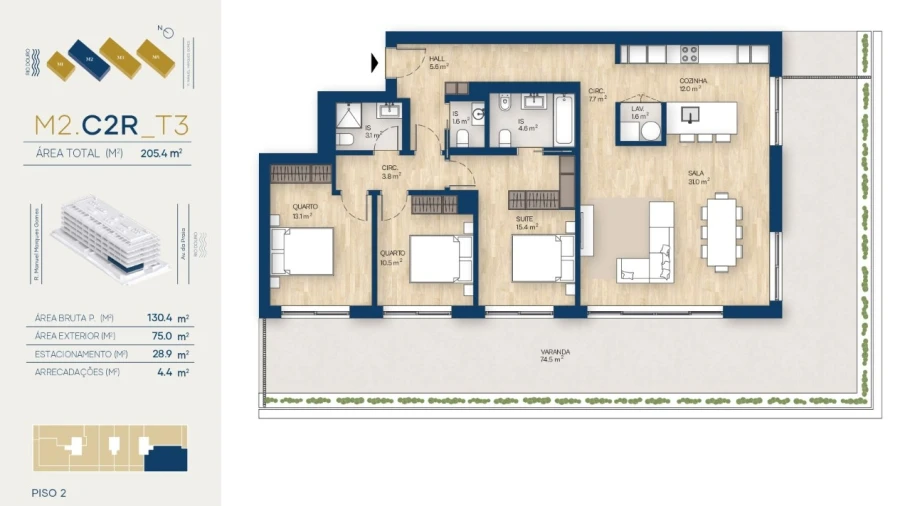 Apartamento T3 para Venda em Canidelo Planta 1