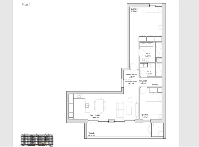 Apartamento T2 para Venda em Glória e Vera Cruz Planta 1
