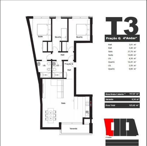 Apartamento T3 para Venda em Matosinhos e Leça da Palmeira Planta 1