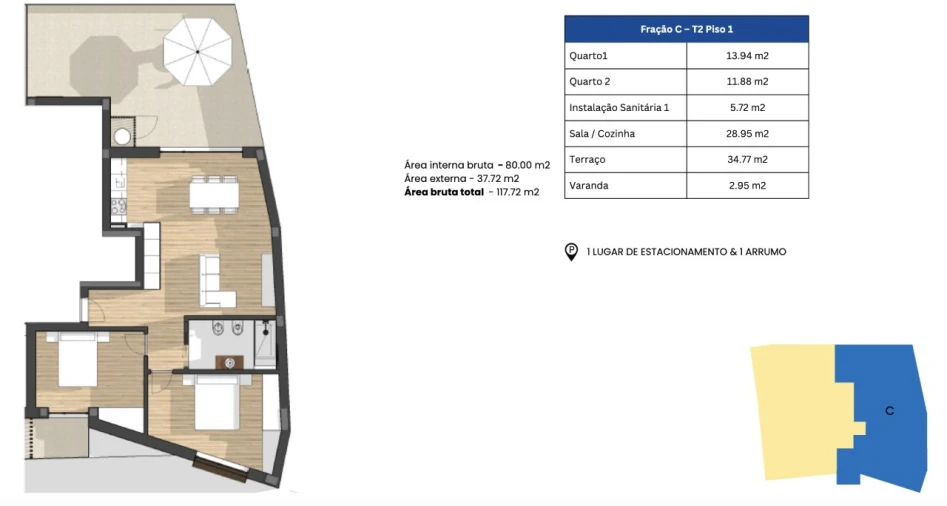 Apartamento T2 para Venda em Glória e Vera Cruz Planta 1