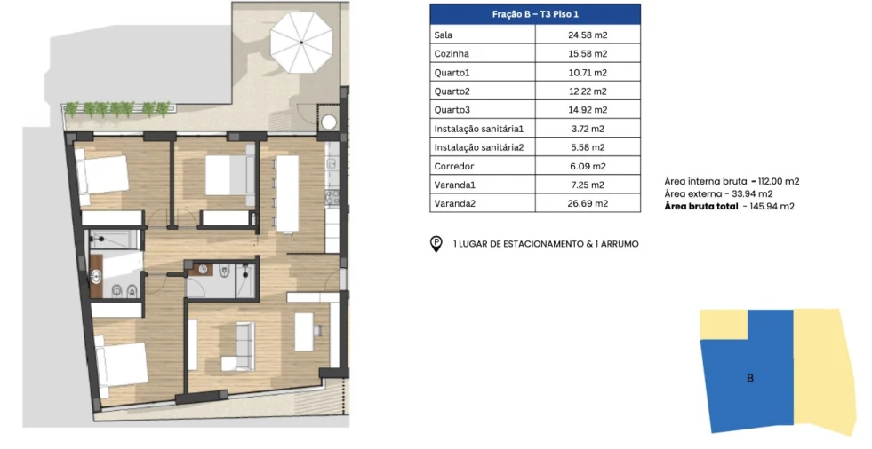 Apartamento T3 para Venda em Glória e Vera Cruz Planta 1