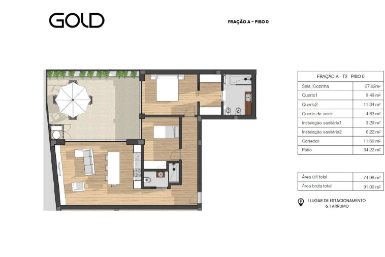 Apartamento T2 para Venda em Glória e Vera Cruz Planta 1
