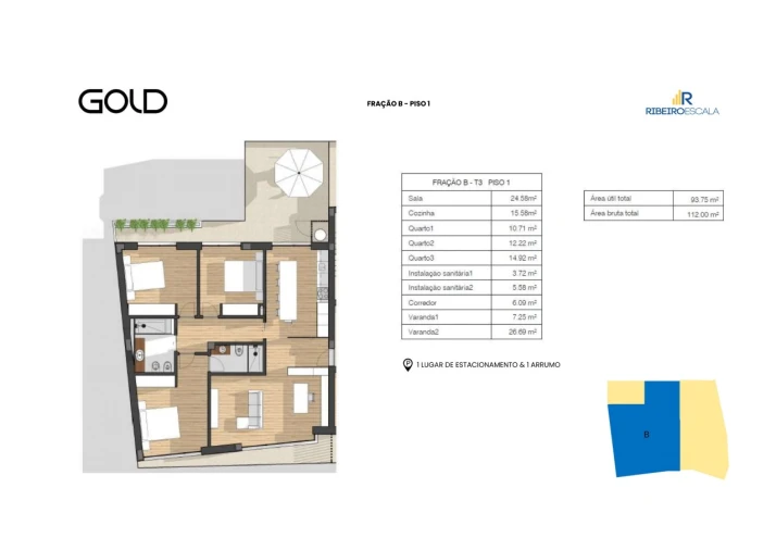 Apartamento T3 para Venda em Glória e Vera Cruz Planta 1
