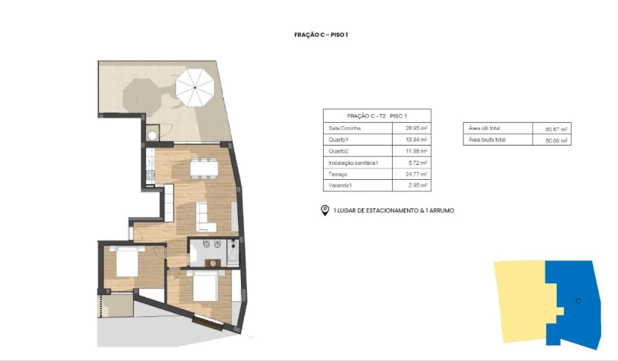 Apartamento T2 para Venda em Glória e Vera Cruz Planta 1