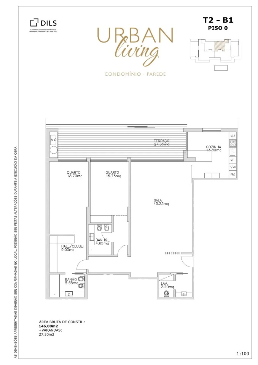 Apartamento T2 para Venda em Carcavelos e Parede Planta 1