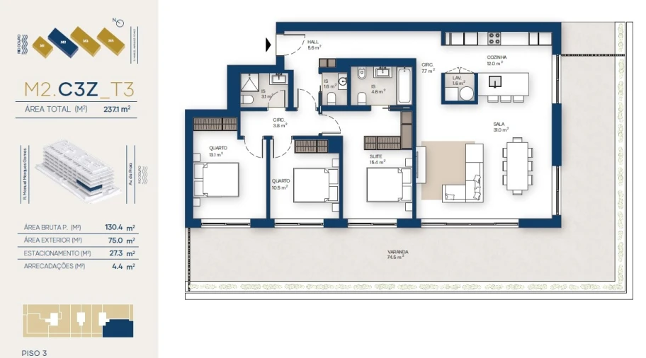 Apartamento T3 para Venda em Santa Marinha e São Pedro da Afurada Planta 1
