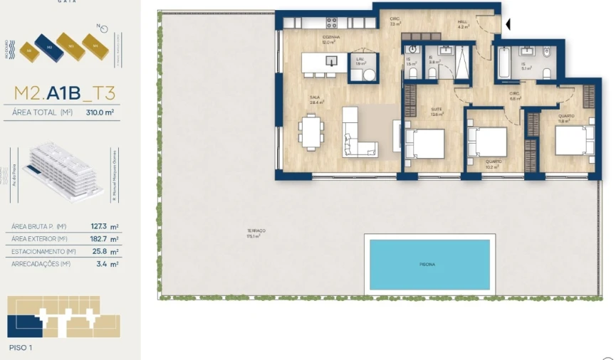 Apartamento T3 para Venda em Canidelo Planta 1