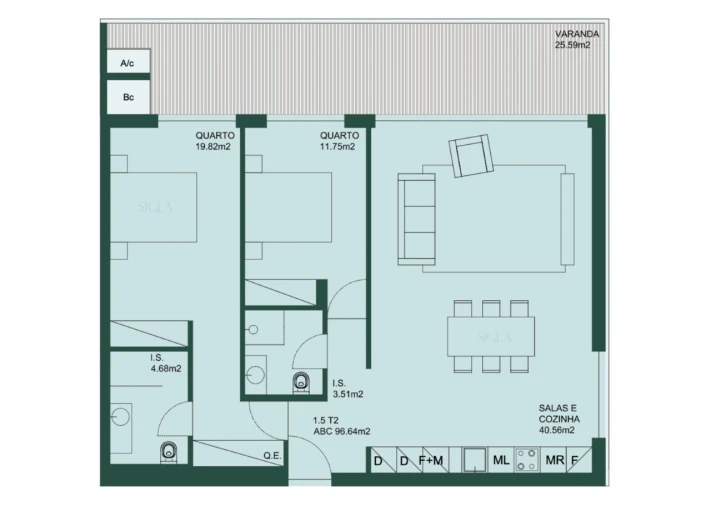 Apartamento T2 para Arrendamento em Canidelo Planta 1