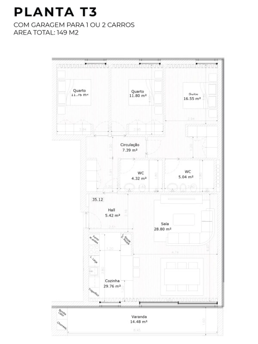 Apartamento T3 para Venda em São João Baptista Planta 1