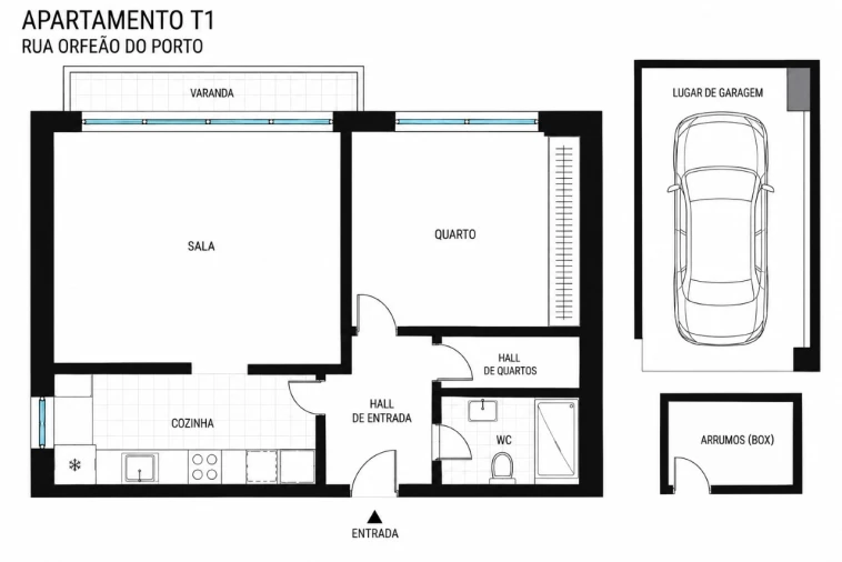 Apartamento T1 para Arrendamento em Lordelo do Ouro e Massarelos Planta 1