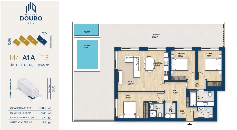 Apartamento T3 para Venda em Canidelo Planta 1