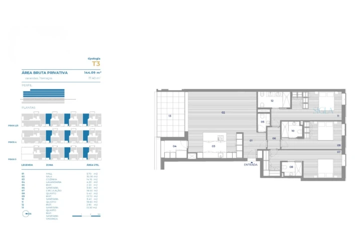 Apartamento T3 para Venda em Canidelo Planta 1