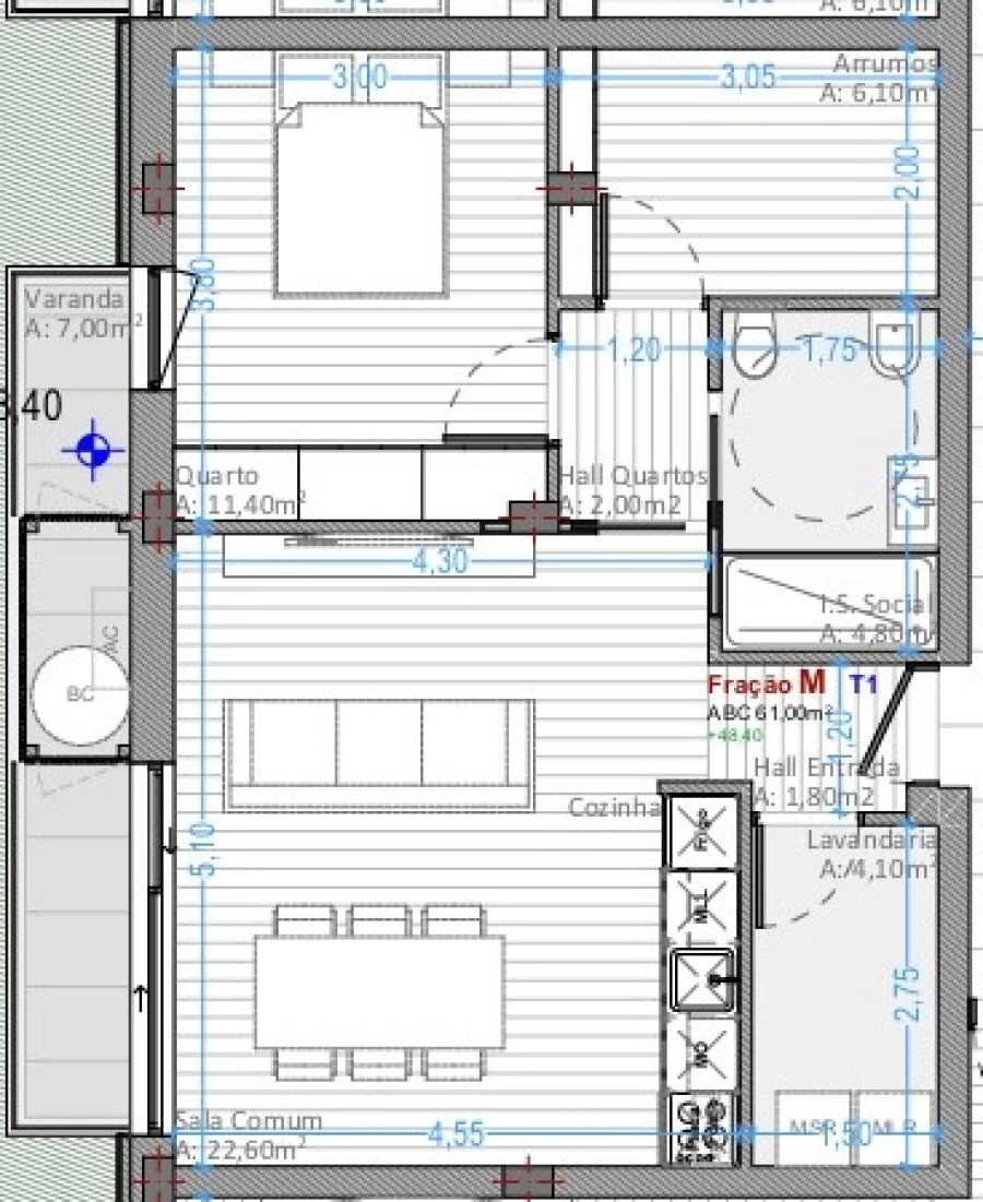 Apartamento T1 para Venda em Ribeirão Planta 1
