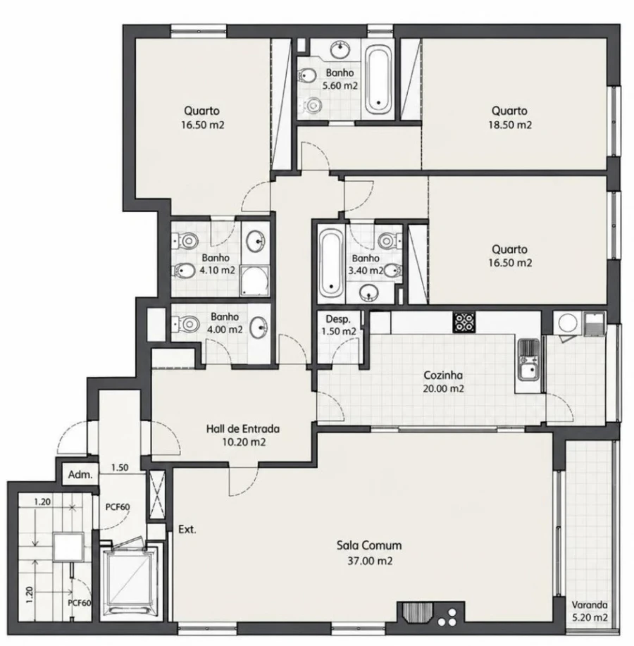 Apartamento T3 para Venda em Canidelo Planta 1