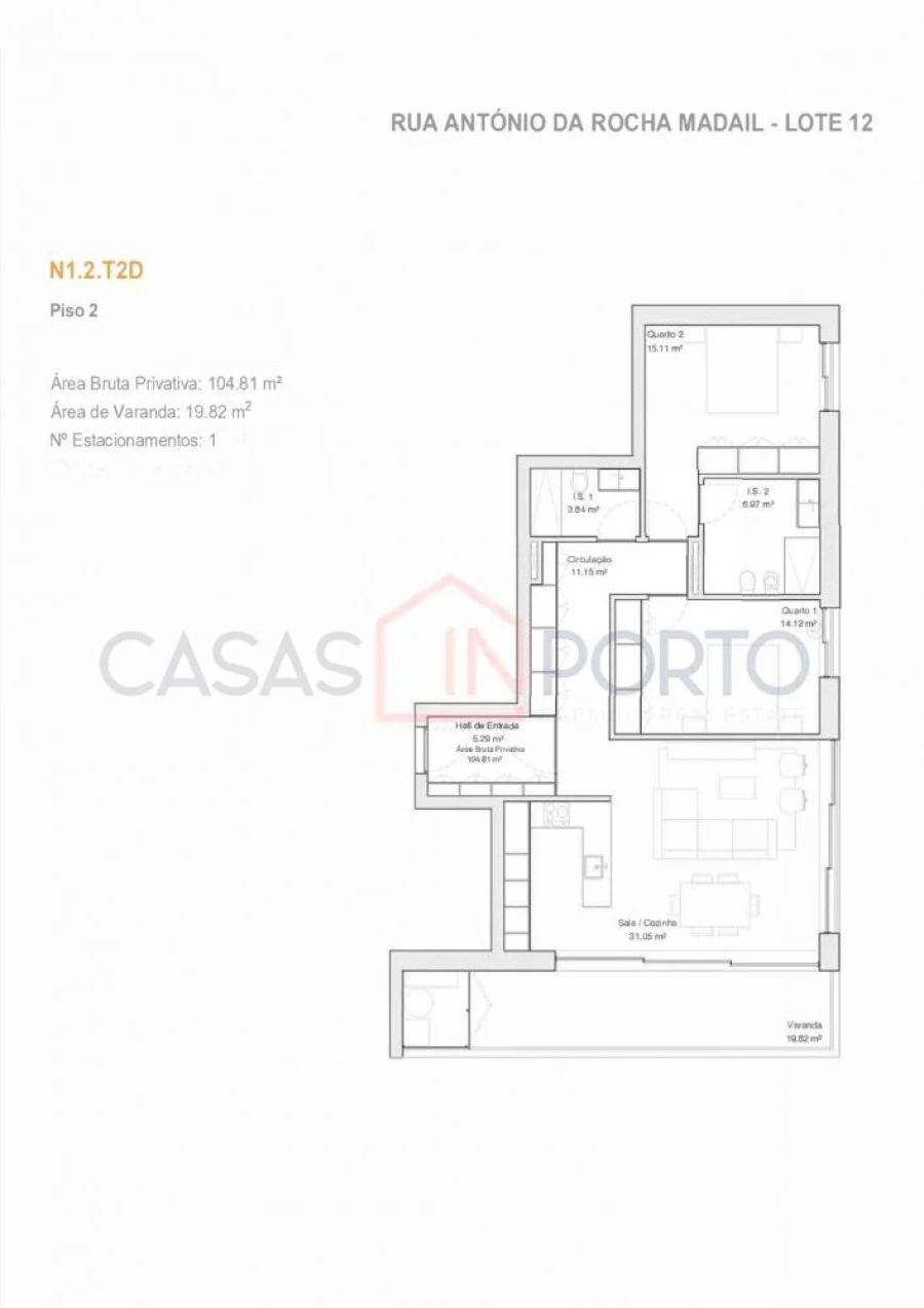 Apartamento T2 para Venda em Glória e Vera Cruz Planta 1