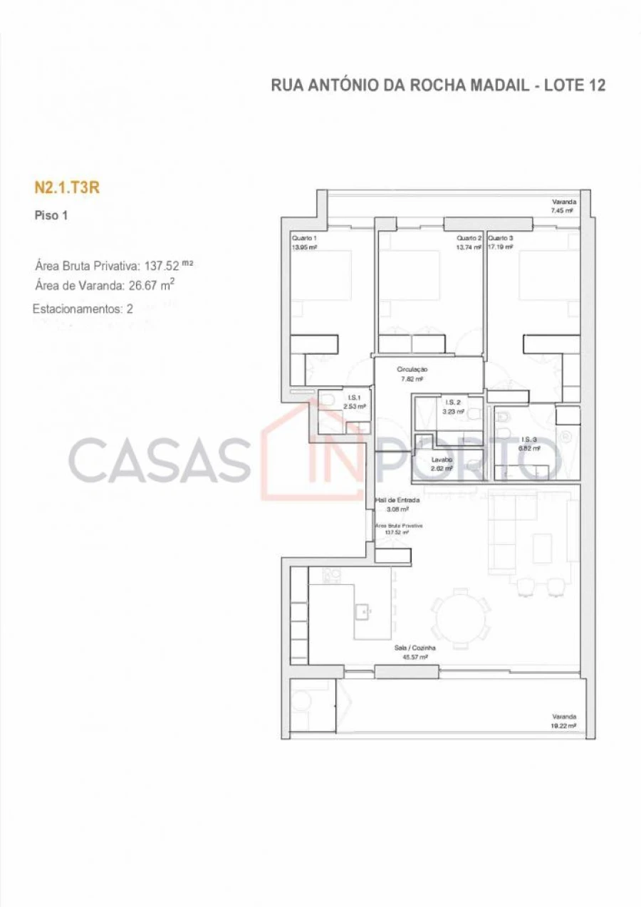 Apartamento T3 para Venda em Glória e Vera Cruz Planta 1