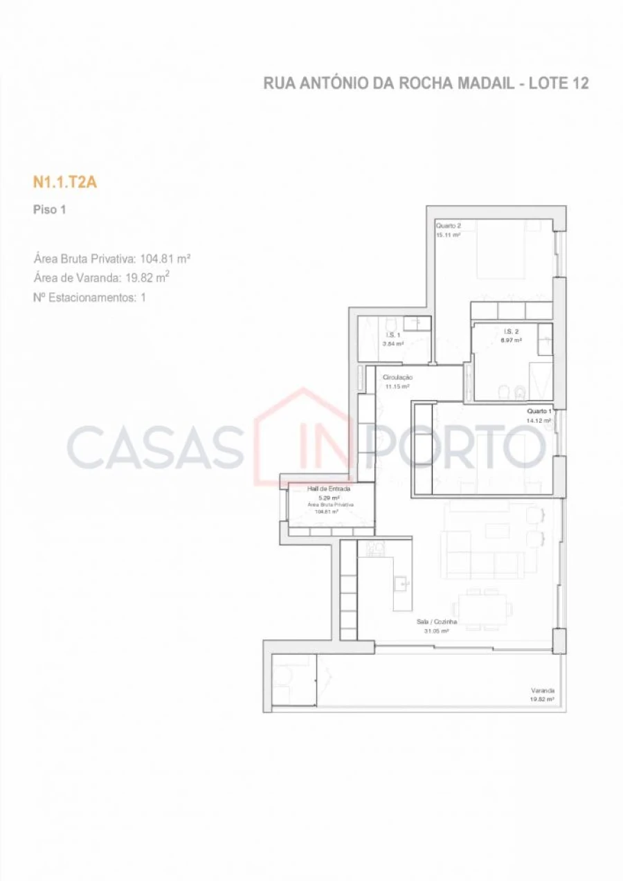Apartamento T2 para Venda em Glória e Vera Cruz Planta 1
