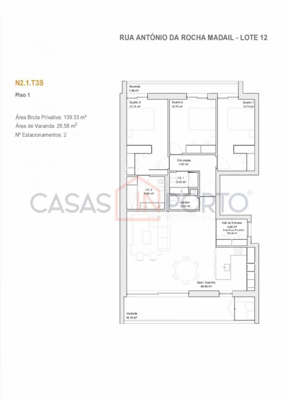 Apartamento T3 para Venda em Glória e Vera Cruz Planta 1