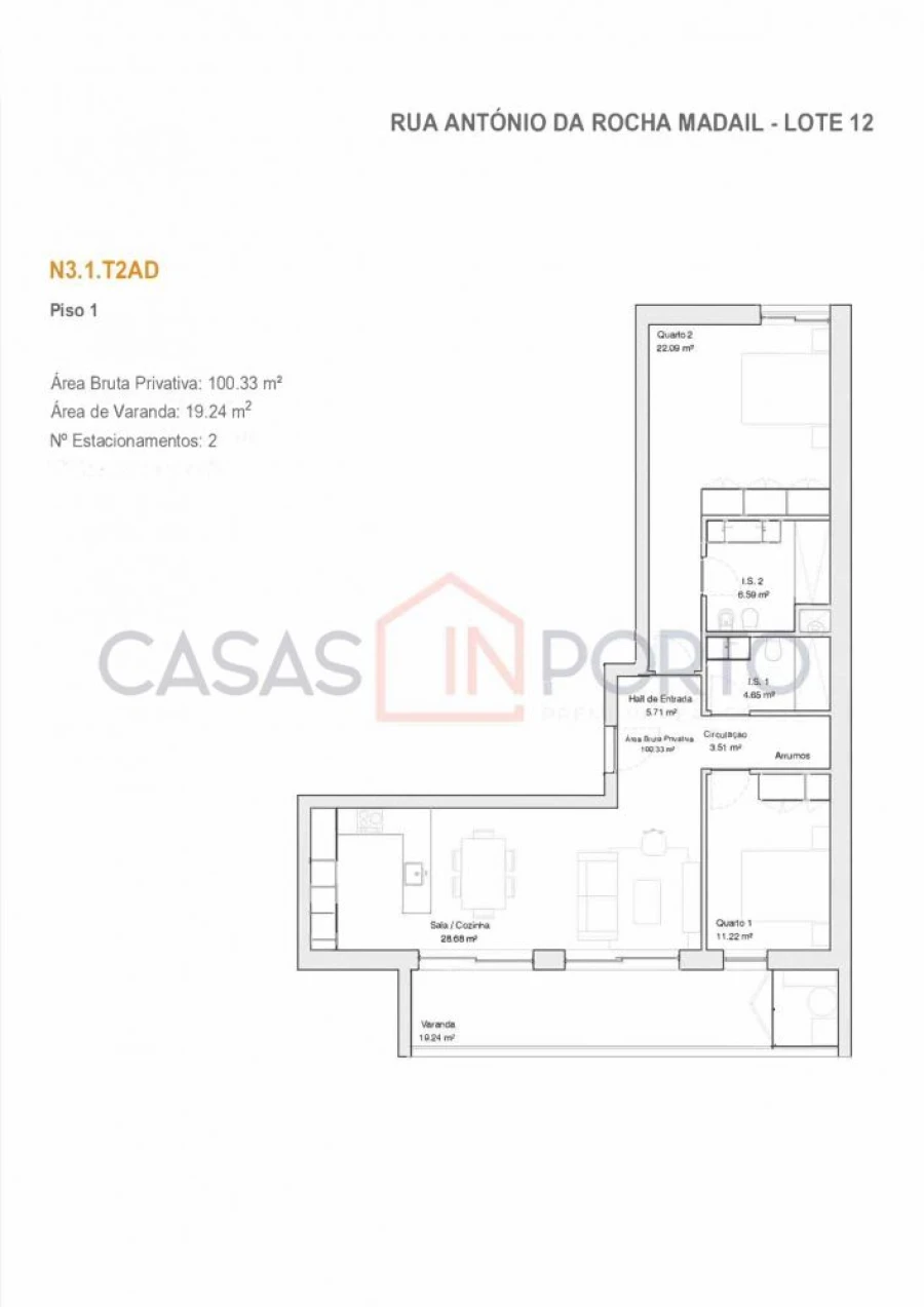 Apartamento T2 para Venda em Glória e Vera Cruz Planta 1