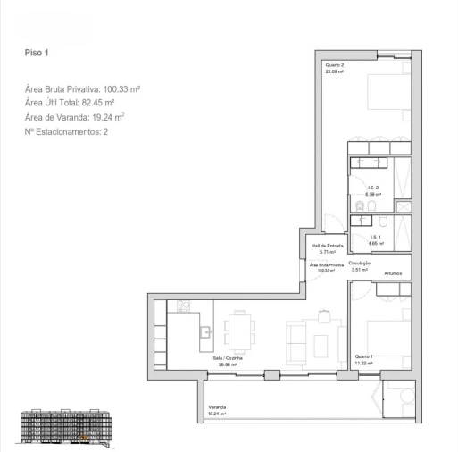 Apartamento T2 para Venda em Glória e Vera Cruz Planta 2