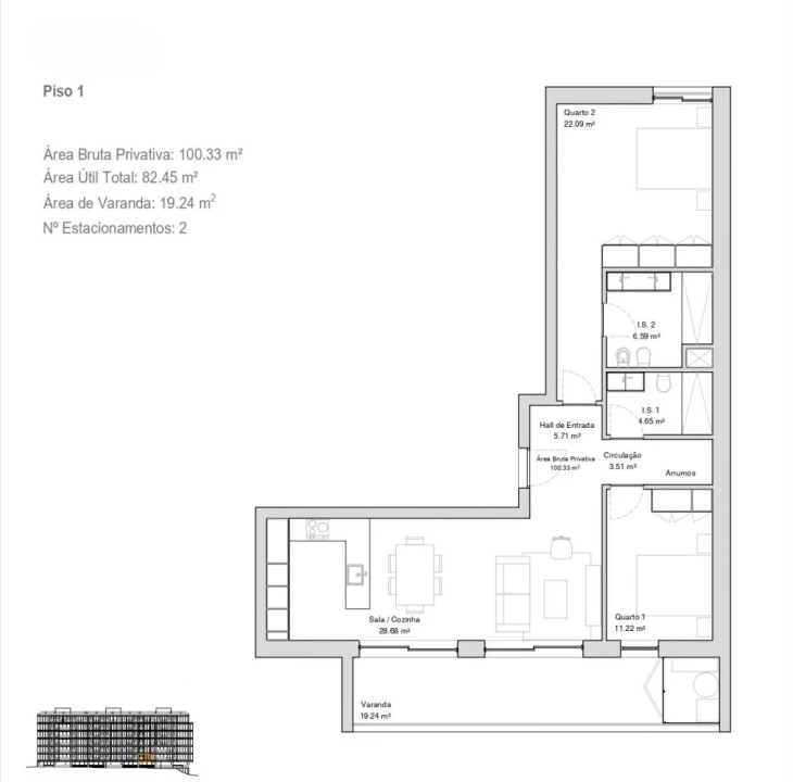 Apartamento T2 para Venda em Glória e Vera Cruz Planta 2