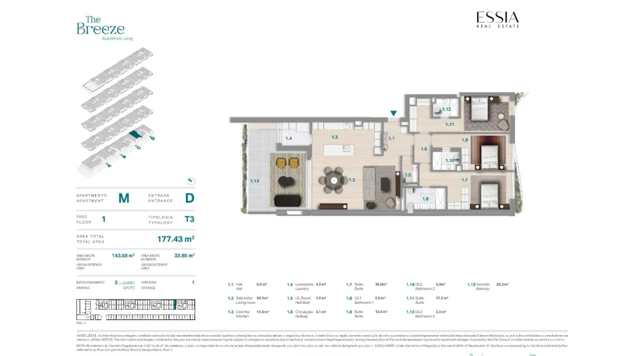 Apartamento T3 para Venda em Canidelo Planta 1