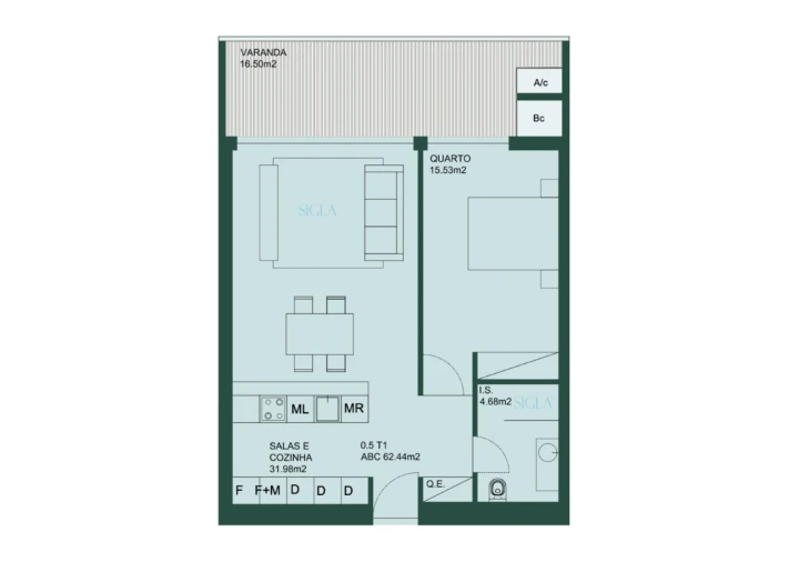 Apartamento T1 para Arrendamento em Canidelo Planta 1