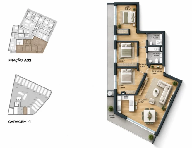 Apartamento T3 para Venda em Bougado (São Martinho e Santiago) Planta 1