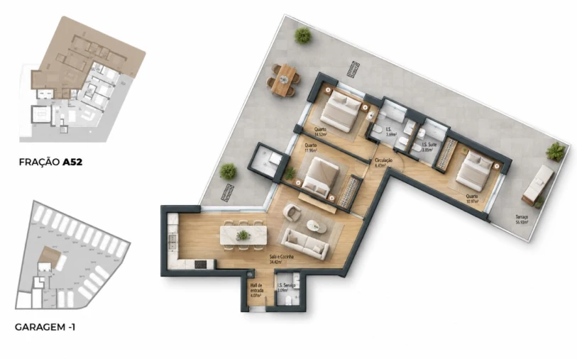Apartamento T3 para Venda em Bougado (São Martinho e Santiago) Planta 1