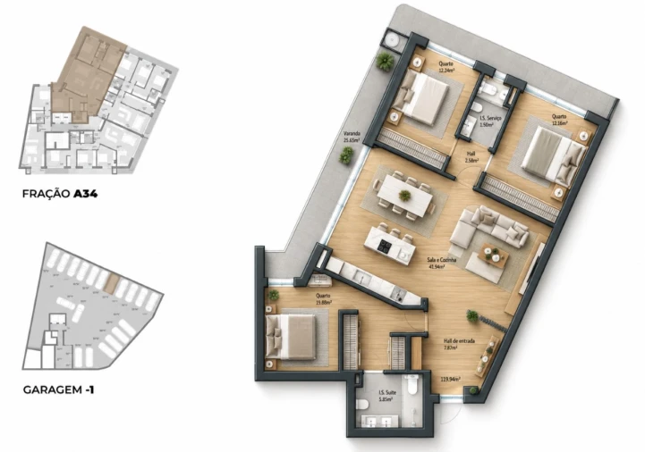 Apartamento T3 para Venda em Bougado (São Martinho e Santiago) Planta 1