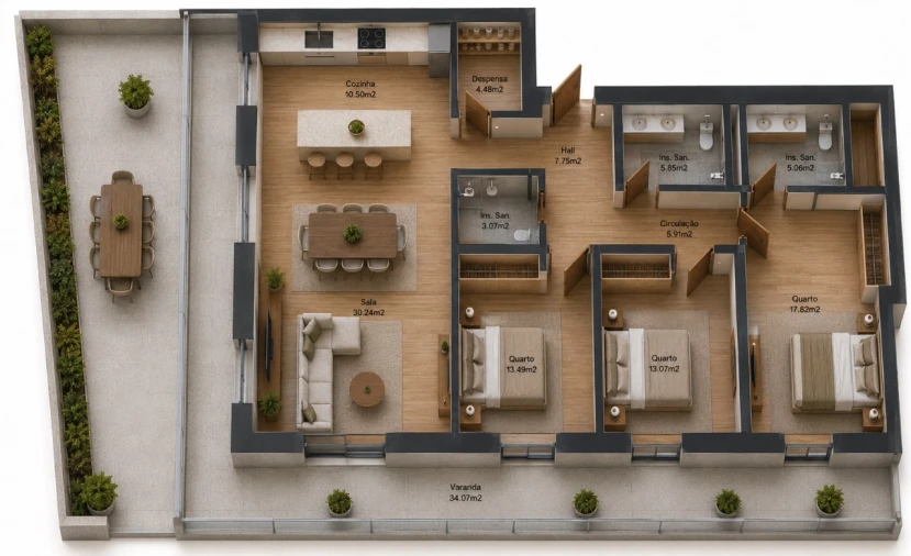 Apartamento T3 para Venda em Real, Ataíde e Oliveira Planta 1
