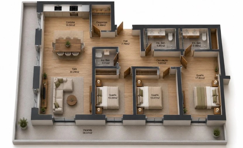 Apartamento T3 para Venda em Real, Ataíde e Oliveira Planta 1