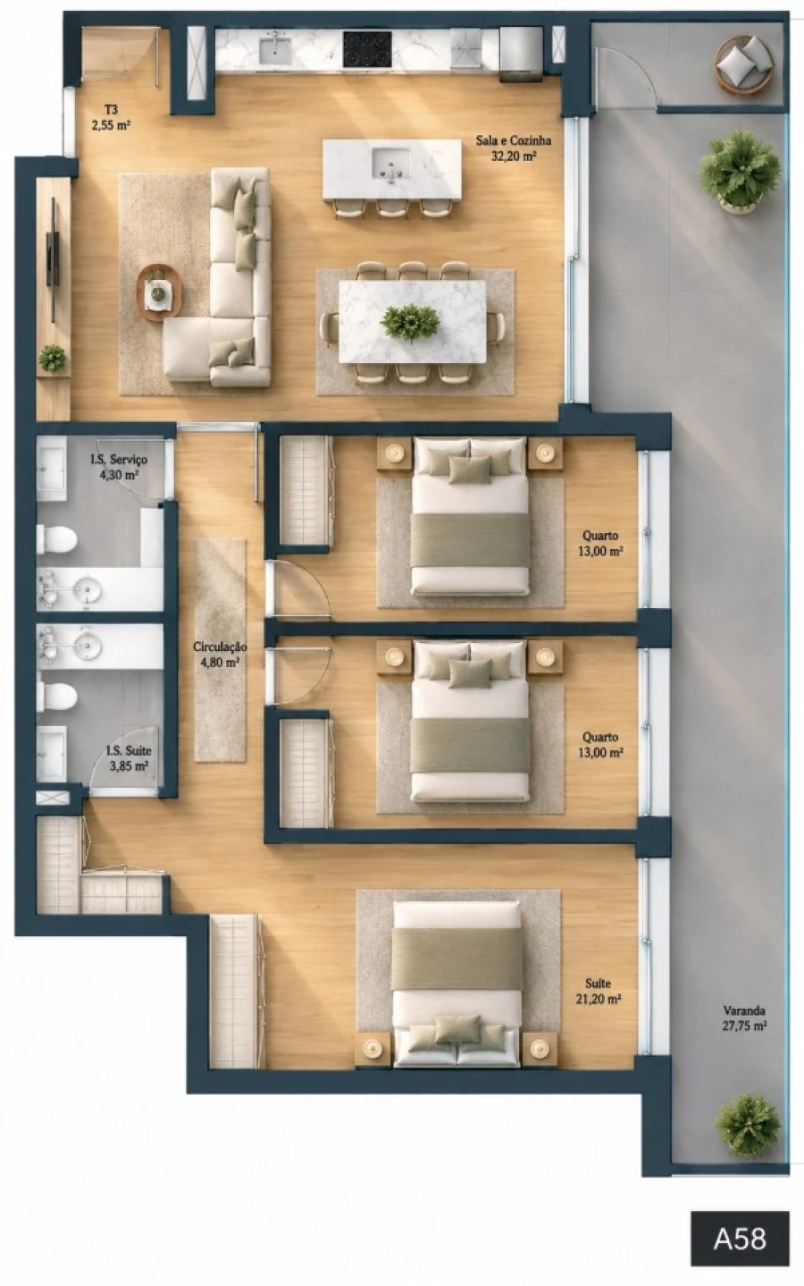 Apartamento T3 para Venda em Fânzeres e São Pedro da Cova Planta 1