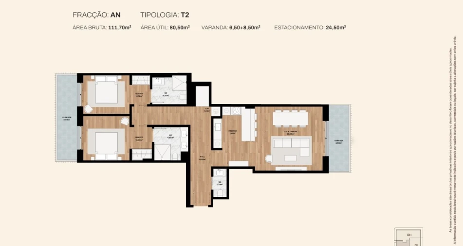 Apartamento T2 para Venda em Canidelo Planta 1